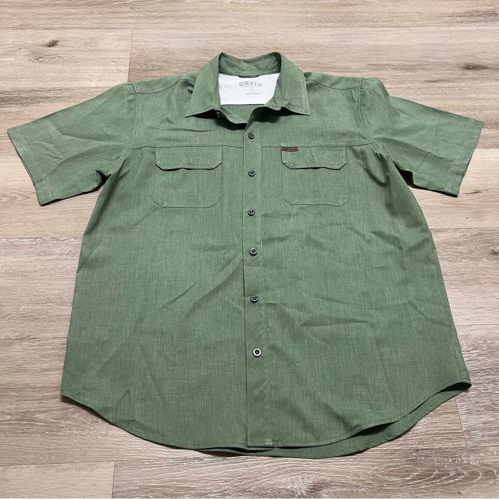 Orvis Shirt Men's Size Large Green Polyester Check Short Sleeve Button Up
